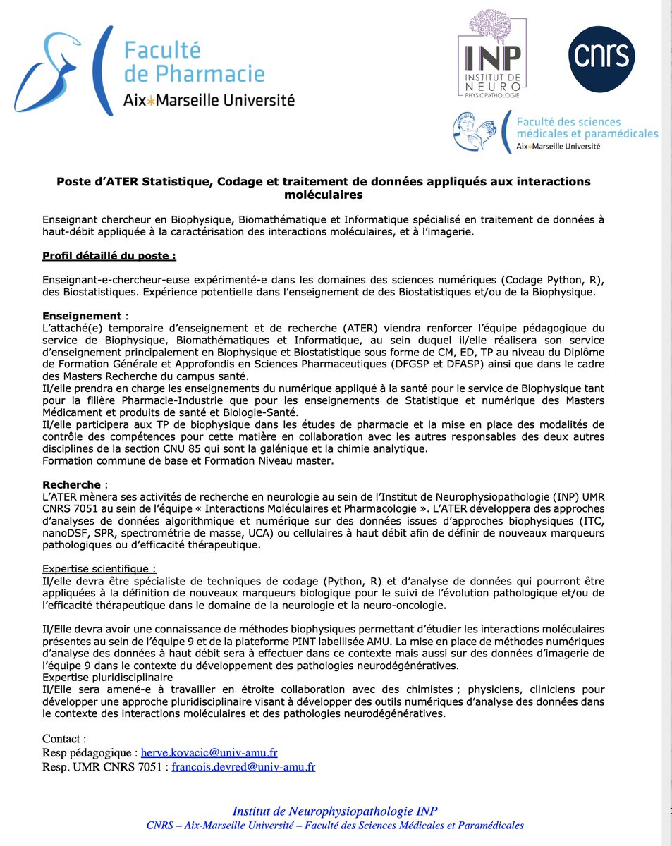Francois Devred (@francois_devred) on Twitter photo Poste d'ATER (voir plus) à pourvoir au sein de l'équipe Interactions moléculaire et Pharmacologie / plateforme PINT <a href="/inp_marseille/">INP Marseille</a> et du service de Biophysique, Mathématiques et Informatique la <a href="/facpharmarseill/">facpharmarseille</a>
<a href="/CNRS_dr12/">CNRS Provence et Corse</a> <a href="/NeuroSchool_mrs/">NeuroMarseille - NeuroSchool</a> @CanceropolePACA @univamu <a href="/CNRS/">CNRS 🌍</a> Poste d'ATER (voir plus) à pourvoir au sein de l'équipe Interactions moléculaire et Pharmacologie / plateforme PINT <a href="/inp_marseille/">INP Marseille</a> et du service de Biophysique, Mathématiques et Informatique la <a href="/facpharmarseill/">facpharmarseille</a>
<a href="/CNRS_dr12/">CNRS Provence et Corse</a> <a href="/NeuroSchool_mrs/">NeuroMarseille - NeuroSchool</a> @CanceropolePACA @univamu <a href="/CNRS/">CNRS 🌍</a>