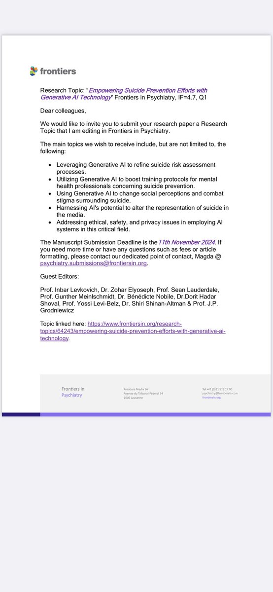 I’m glad to present you our special research topic « Empowering Suicide Prevention Efforts with Generative AI Technology » for Frontiers Psychiatry 
Don’t hesitate to submit your papers at this link: frontiersin.org/research-topic…
