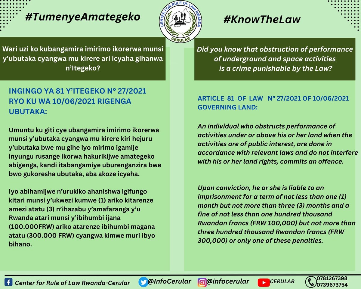 🇷🇼 Wari uzi ko kubangamira imirimo ikorerwa munsi y’ubutaka cyangwa mu kirere ari icyaha gihanwa n’Itegeko?
___________
🏴󠁧󠁢󠁥󠁮󠁧󠁿 Did you know that obstruction of performance of underground and space activities
 is a crime punishable by the Law?

👉 <a href="/InfoCerular/">Cerular</a>