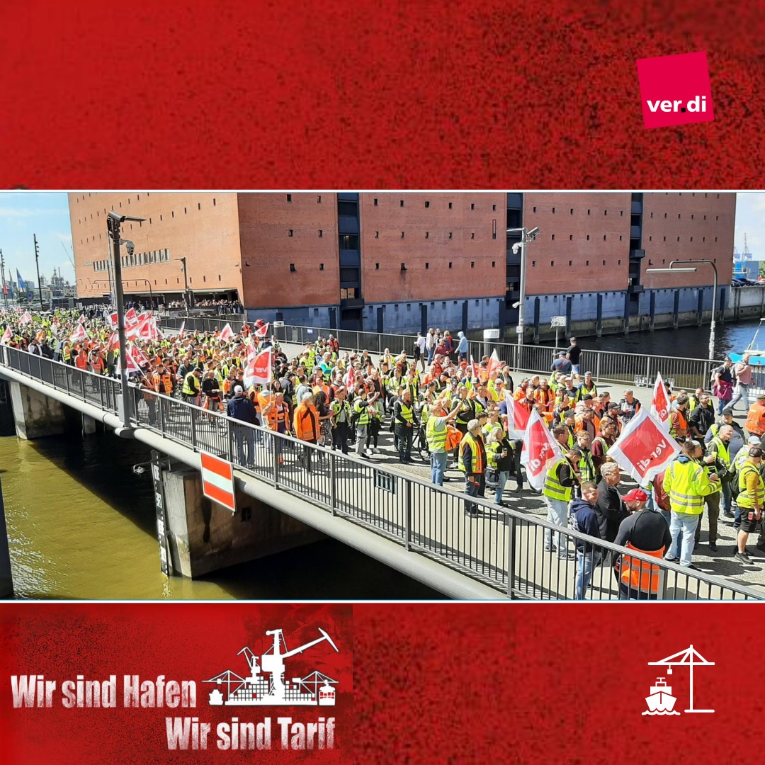 ✊ Powerful strike day in Hamburg!

Dockers from Bremen, Bremerhaven, Brake, Emden and Hamburg are impressively showing that they are committed to their legitimate demands on wages in the ongoing Collective Bargaining Agreement negotiations.

The third round of negotiations is
