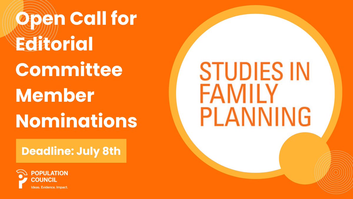 📢Our Studies in Family Planning Journal is seeking nominations for the #SFPJournal editorial committee! 

Deadline 📅: July 8, 2024  

You can nominate yourself or a colleague for the position. See the application requirements here: bit.ly/3MR6UoA