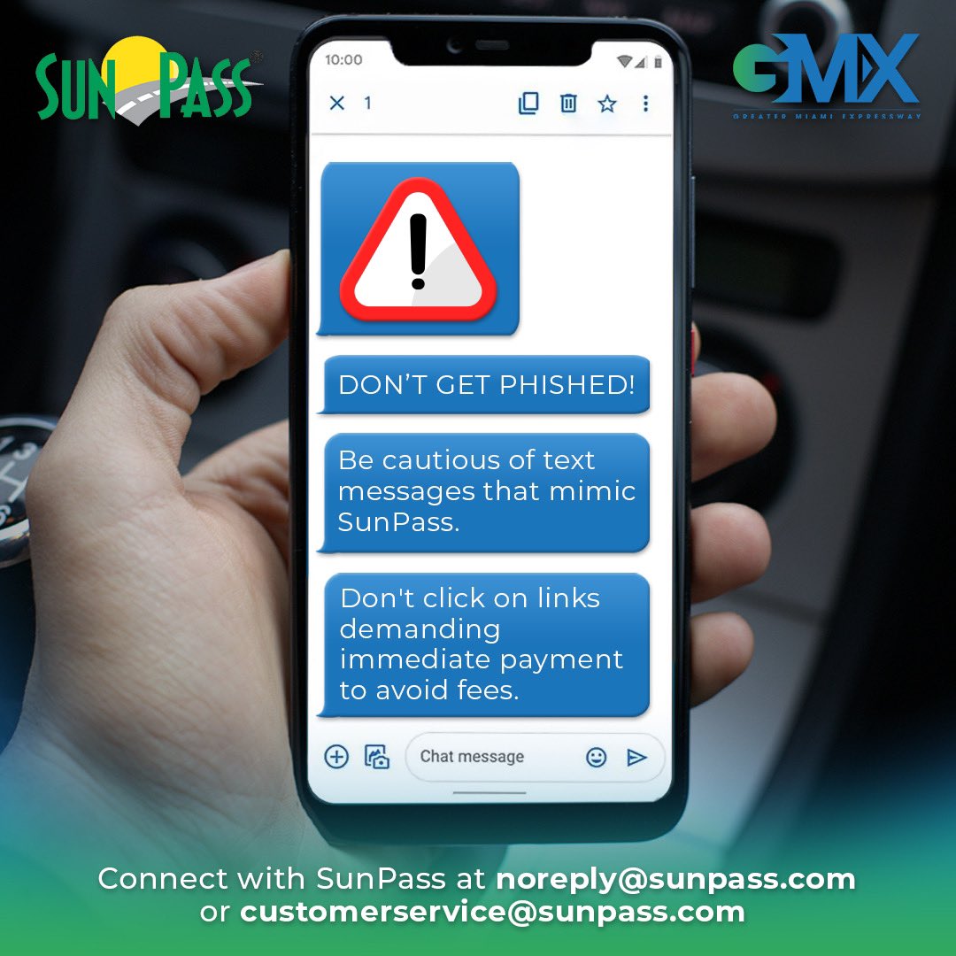🚨BEWARE: Text messages asking for prompt payment to your #SunPass account are fraudulent and part of a recently discovered phishing scam. SunPass does not ask customers to make a payment via text. Contact <a href="/SunPass_FDOT/">SunPass FDOT</a> directly at customerservice@SunPass.com.￼