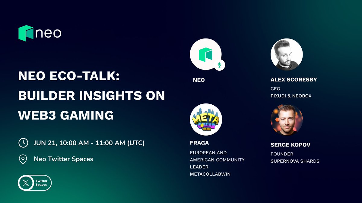Neo_Blockchain's tweet image. Join us for a Spaces session with Neo ecosystem members on the latest developments in Web3 gaming!

Learn about recent trends, efforts behind the scenes, and what's next for Web3 games. Don't miss it!

⏰ 10 - 11 am, Jun 21 UTC
🔗