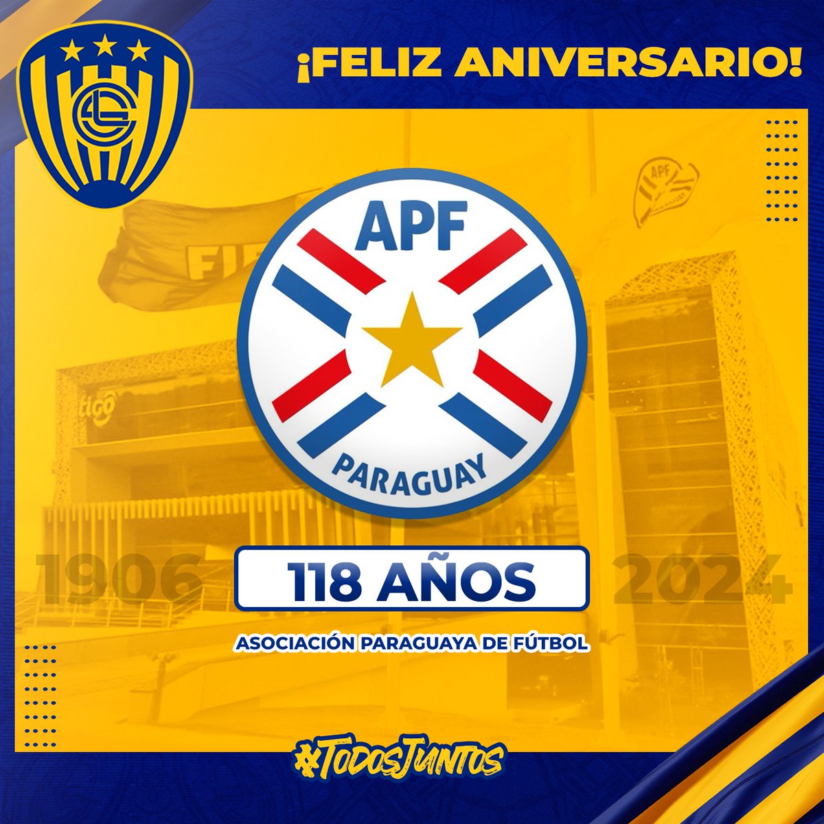 SpLuquenOficial's tweet photo. Saludamos a la A.P.F. en su 118º aniversario, siendo la casa del fútbol paraguayo!! ⚽️🇵🇾

Auguramos éxito en la noble misión de fomentar el fútbol y nuevos talentos en todas las latitudes de nuestro querido Paraguay.

#TodosJuntos https://t.co/6MXzBGsN9k