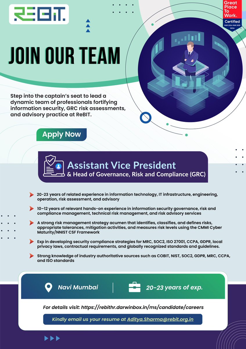 ReBIT is Hiring AVP and Head of Governance, Risk and Compliance (GRC). If you are a seasoned leader in the field of GRC looking to make a difference in the Indian financial services industry Apply Now lnkd.in/g899mBDA
