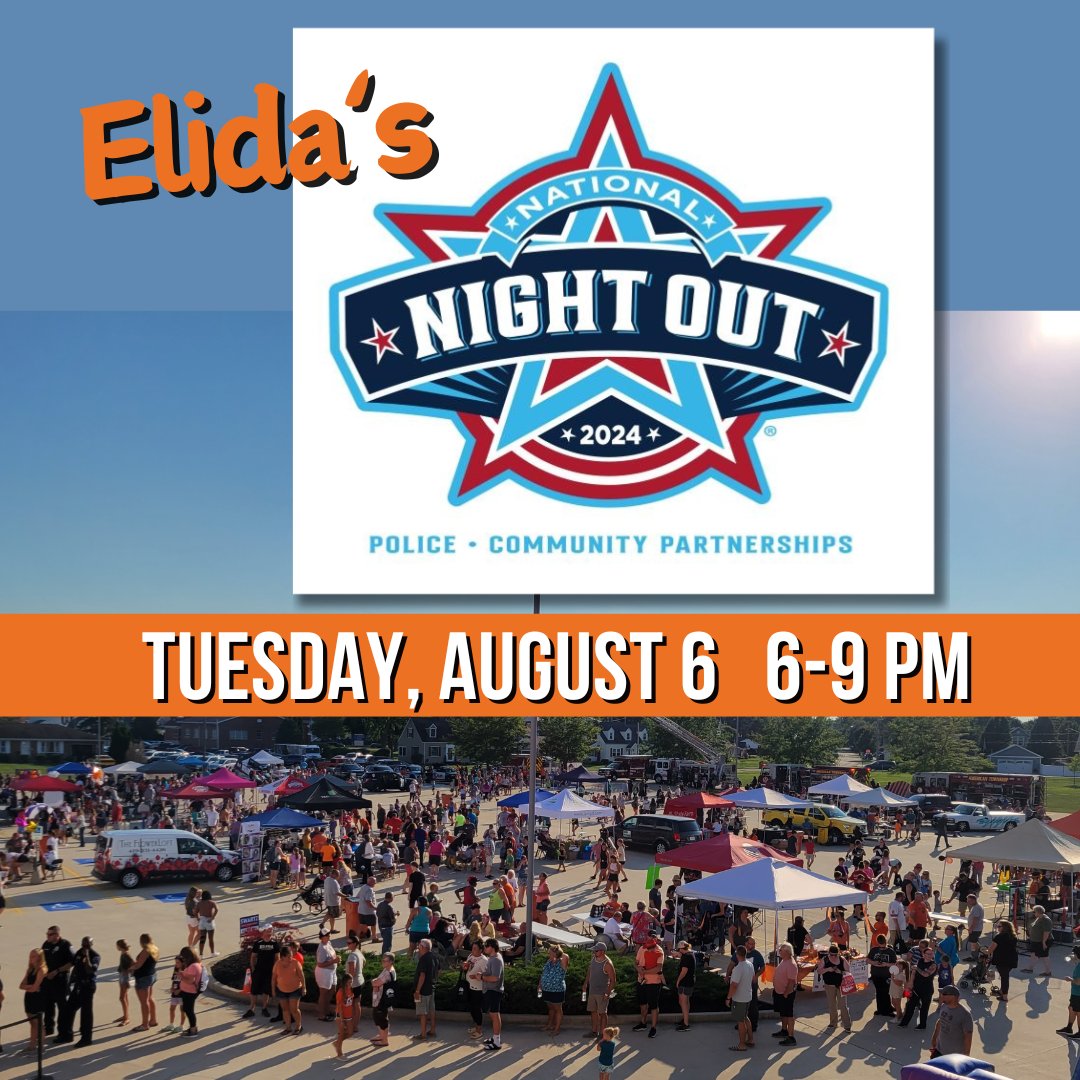 Mark your calendars for "Elida National Night Out!"  We're looking forward to another great night of family fun on Tues., August 6, 6-9 pm @ the Fieldhouse.
More details to come- but put this on your calendar now!