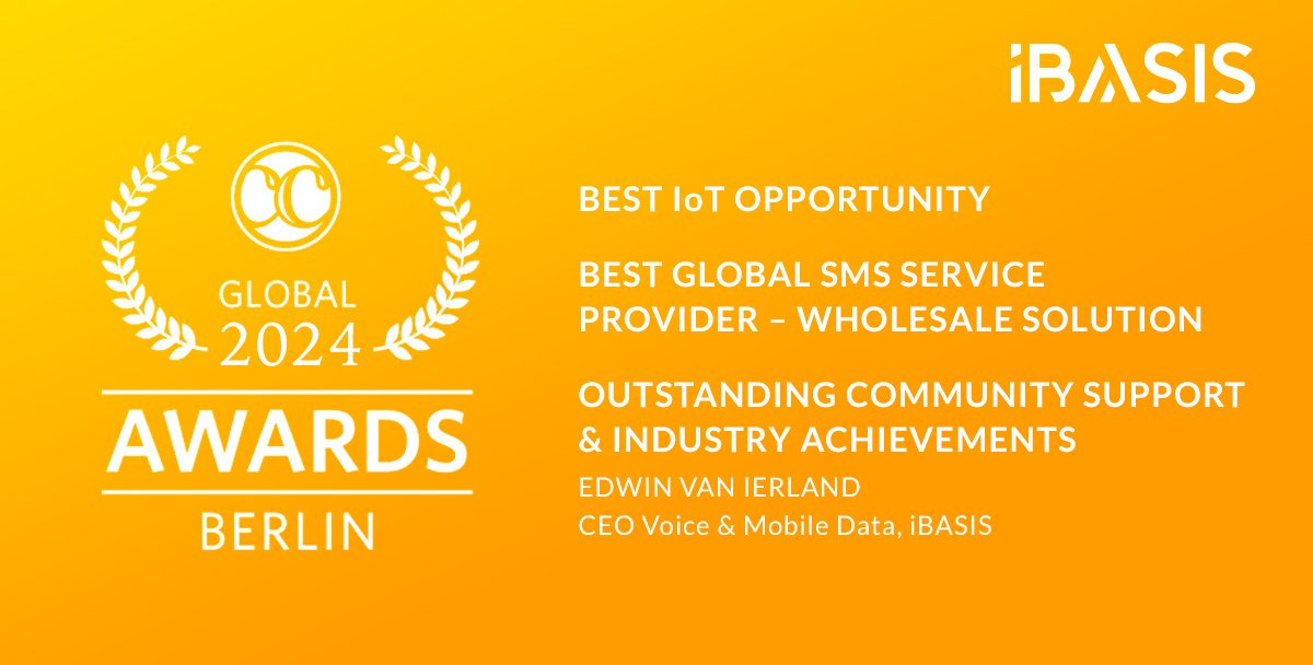 We are thrilled to announce that iBASIS was awarded Best IoT Opportunity and Best Global SMS Service Provider - Wholesale Solution at the <a href="/CC_GCCM/">Carrier Community</a> Global Awards &amp; Edwin Van Ierland, our CEO of Voice &amp; Mobile Data,received a GCCM Recognition Award!

#CCGlobalAwards #GCCM