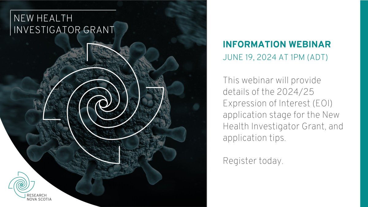 The New Health Investigator Grant information webinar is TOMMORROW, June 19 at 1pm.

If you’re an early-career health researcher engaged in research that focuses on the efficient and effective delivery of healthcare to Nova Scotians, consider registering: us02web.zoom.us/webinar/regist…