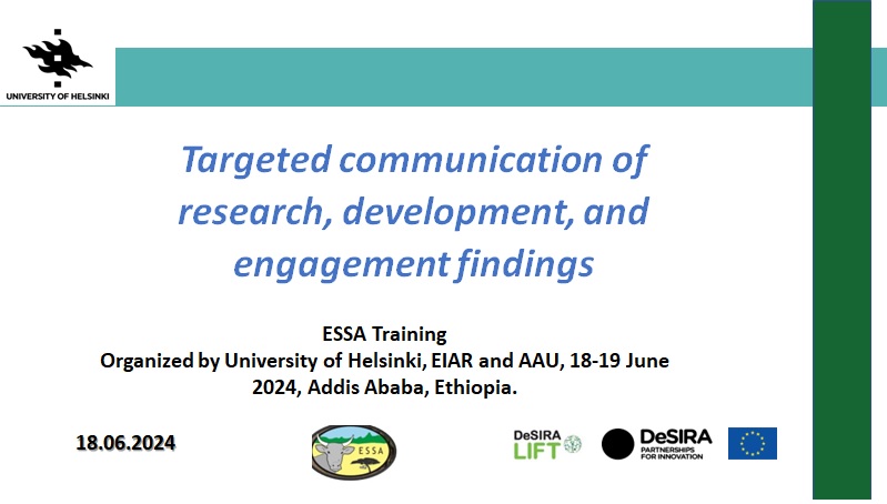 ESSA Project (@essa_4_ap) on Twitter photo Today we kicked off #ESSA Training on Targeted Communication of Research, Development, and Engagement Findings. #AddisAbabaUniversity, #EIAR. The main focus is on how to write viable #PolicyBrief. <a href="/PetriPellikka/">Petri Pellikka 🇫🇮</a> <a href="/uonbi/">University of Nairobi</a> <a href="/helsinkiuni/">University of Helsinki</a> Today we kicked off #ESSA Training on Targeted Communication of Research, Development, and Engagement Findings. #AddisAbabaUniversity, #EIAR. The main focus is on how to write viable #PolicyBrief. <a href="/PetriPellikka/">Petri Pellikka 🇫🇮</a> <a href="/uonbi/">University of Nairobi</a> <a href="/helsinkiuni/">University of Helsinki</a>
