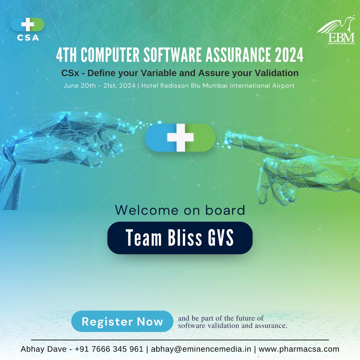 eminence_group9's tweet image. Welcome on board team Bliss      
GVS for the 4th Computer Software Assurance 2024 scheduled for June 20th-21st, 2024. 
Register today - lnkd.in/dx8FktNu
#ebmcsa2024 #computersoftwareassurance 
#eminencebusinessmedia
#eminencegroupventures