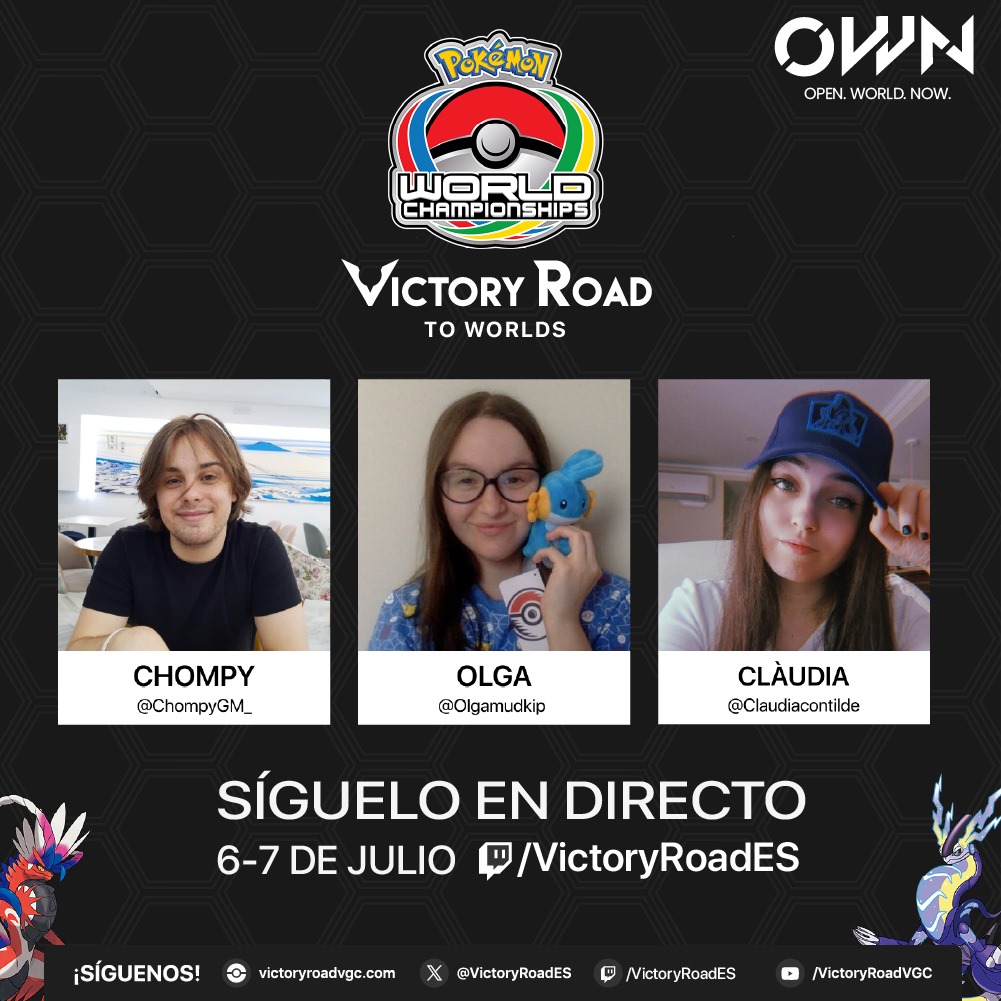 ¡Tendremos stream en el Victory Road to Worlds de <a href="/OpenWorldNowcom/">OWN Valencia - Zaragoza 2025</a>! 🚀

No te lo pierdas los días 6 y 7 de julio en nuestro canal de Twitch:
🎙️ <a href="/ChompyGM_/">Chompy</a> @olgamudkip @claudiacontilde
🟣 twitch.tv/victoryroades