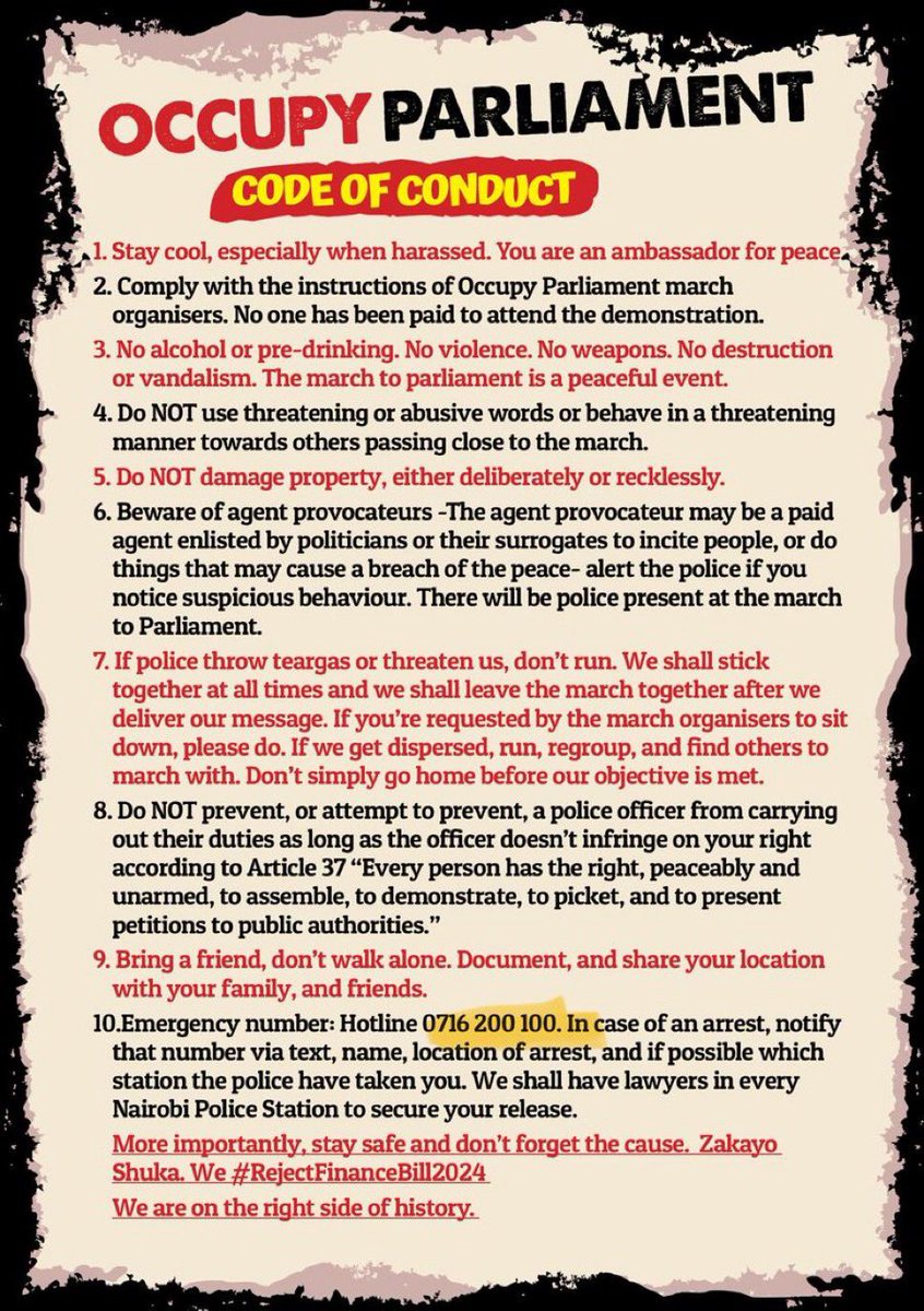 #Kenya|ns want to protest against their government in front of parliament today - and are disseminating very detailed rules of behaviour beforehand to ensure that it works and remains peaceful. Exemplary and recommended for imitation around the world - if it works…