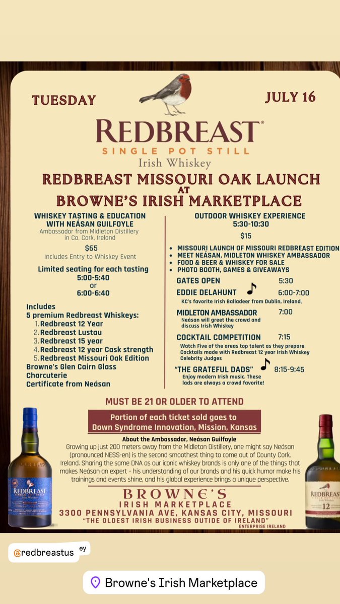 Browne’s is hosting a unique whiskey experience on July 16 with the Missouri launch of Redbreast Missouri Oak edition Irish Whiskey.
Tickets eventbrite under Redbreast Missouri Oak Launch #irishwhiskey #whiskeyexperience