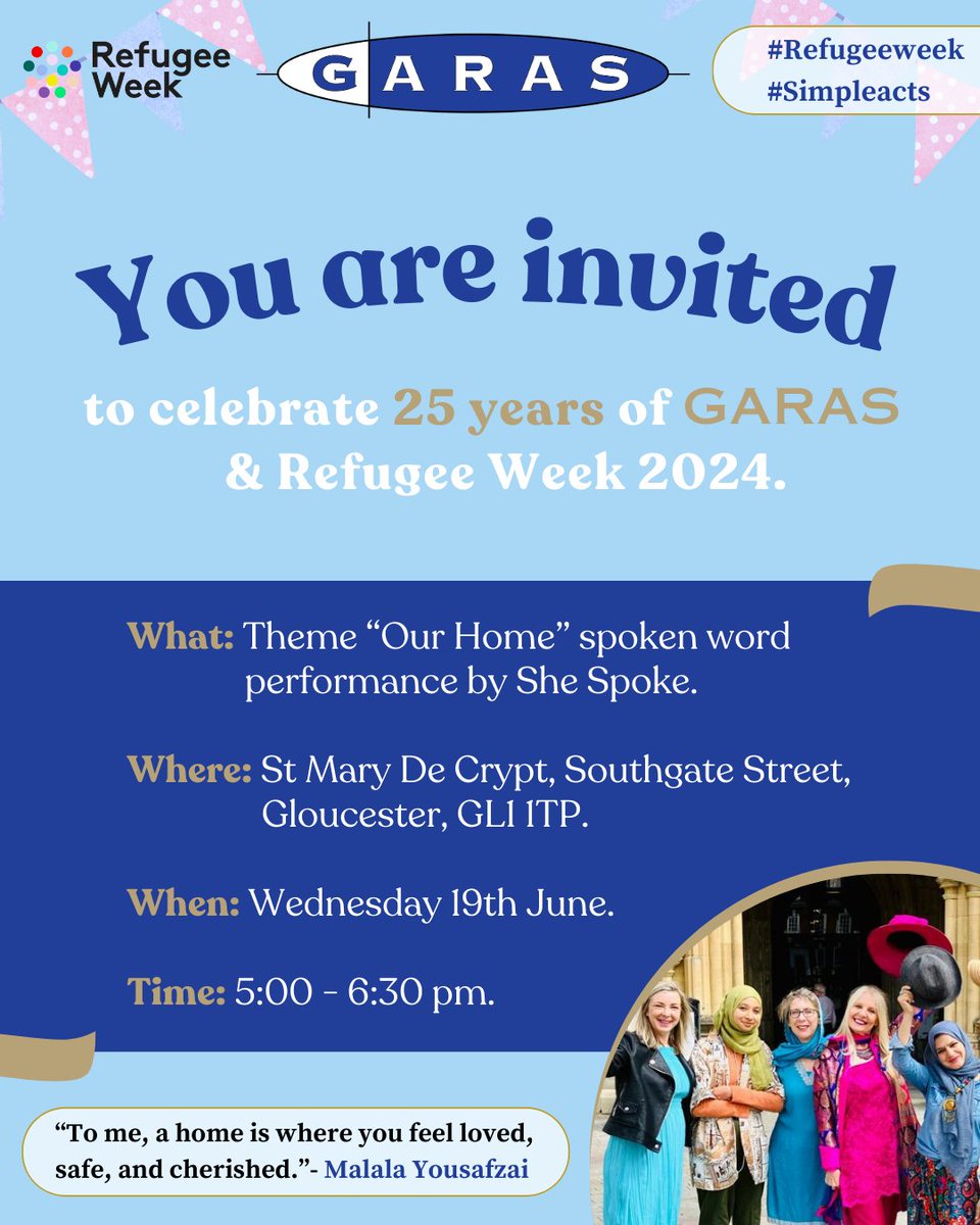 🫂 Celebrate 25 Years Of GARAS 2024 &amp; Refugee Week 🫂  
Come Along Wednesday 19th June 2024 - 5pm - 6:30pm -  St Mary De Crypt, Southgate Street. Gloucester. GL1 1TP.