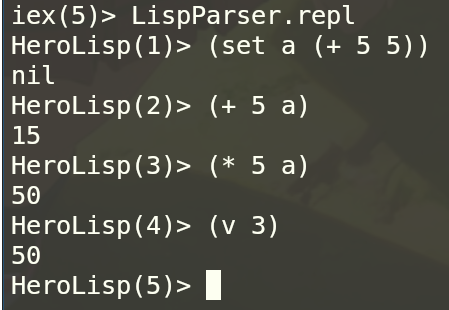 Temos um REPL funcionando.
aproveitei que já tava fazendo isso e botei a funcionalidade do v que retorna da linha do REPL
Como a linha 3 era `(* 5 a)` ele buscou esse valor dentro do environment e retornou.