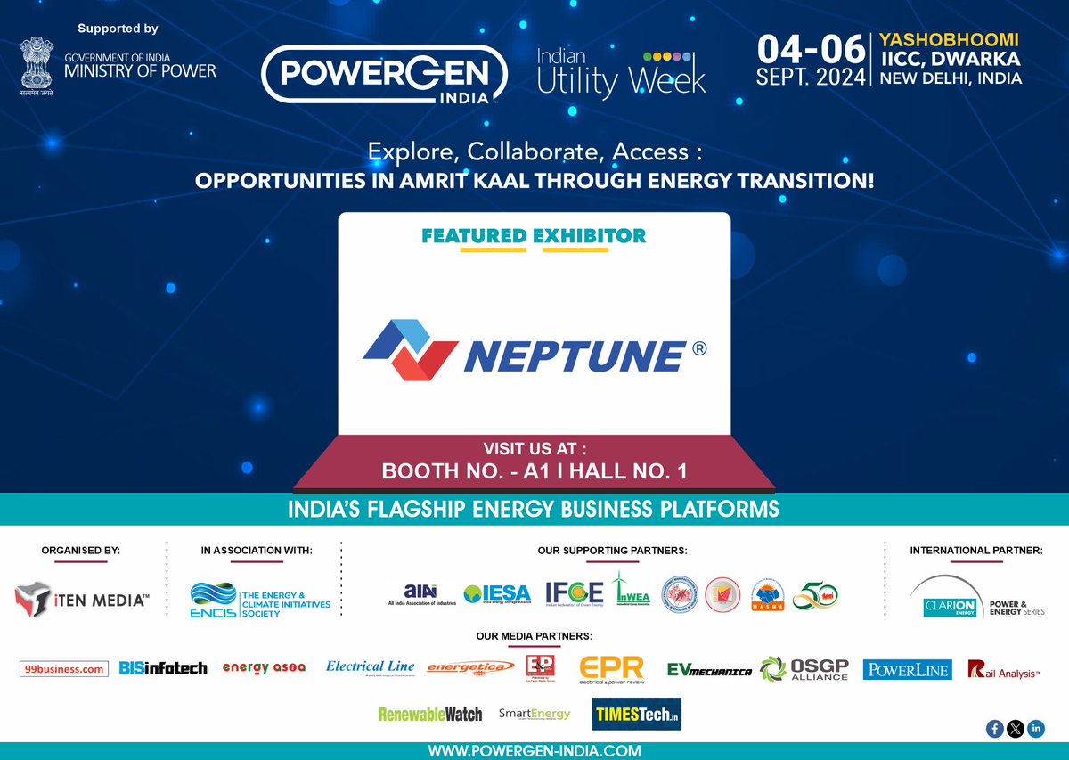 PowerGenIndia's tweet photo. Delighted to announce & welcome "@neptune_news" as our "Featured Exhibitor" at @PowerGenIndia & @IndianUtilityWk
4th to 6th Sep. 2024,Yashobhoomi, IICC Dwarka, New Delhi !
Contact +91-9990401916 | hansika@itenmedia.in
Stand Enquiry:- https://t.co/AR8cogmBrk
#PGIndia #iuw https://t.co/jW3sUr2LIA