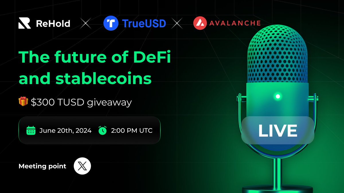 🎙️ We’re thrilled to announce the upcoming AMA with TrueUSD and Avalanche!

Dive into the future of #DeFi &amp; stablecoins and win a share of 300 $TUSD.

✅ Follow <a href="/rehold_io/">ReHold | Multichain Trading</a>, <a href="/tusdio/">TrueUSD</a>, <a href="/yvonnetusd/">Yvonne Chia</a>, and <a href="/avax/">Avalanche🔺</a>

✅ Retweet &amp; comment your wallet address 👇

🔗 go.rehold.io/ama_tusd