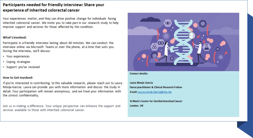 📢Do you live with an inherited cancer syndrome like #Lynch or #Polyposis? or have you been offered genetic testing for inherited colorectal cancer, and you are waiting for the result?

If so, we want to hear your story. Please help us help others by taking part in our research.