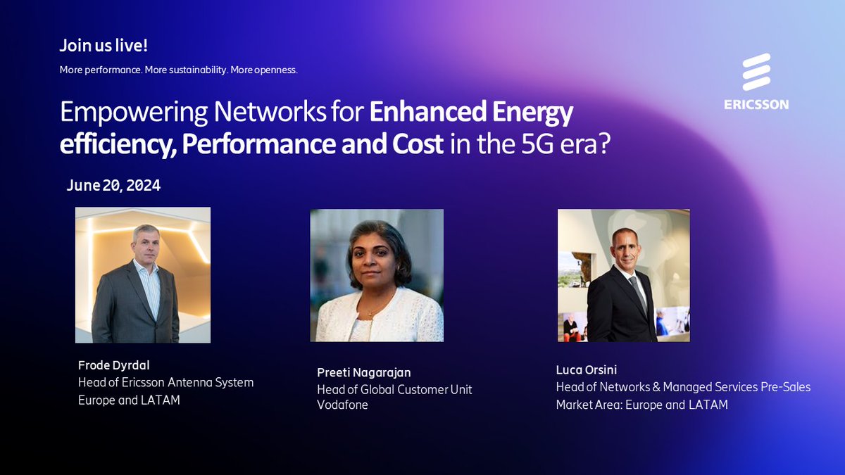 Join us for a live webinar in collaboration with <a href="/GSMA/">GSMA</a> on "How to Empower Networks for Enhanced Performance, Cost, and Energy Efficiency in the #5G era" moderated by <a href="/SpringhamJustin/">Justin Springham</a>, @MobileWorldLive. 
 
📅 Thursday 20 June at 16:00 CEST.

Register 🔗 m.eric.sn/8u5s50SkAI1