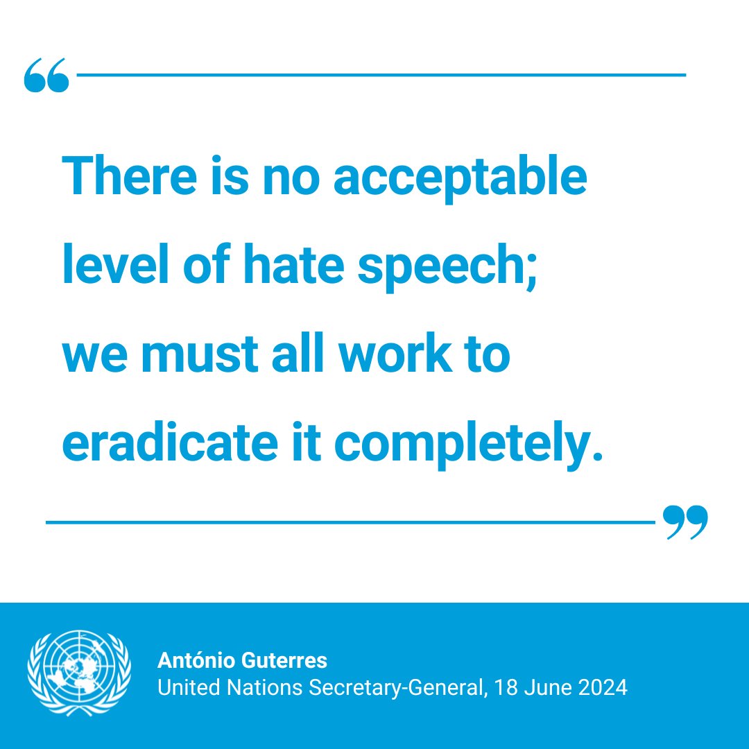 United Nations (@un) on Twitter photo “There is no acceptable level of hate speech; we must all work to eradicate it completely.”
– <a href="/antonioguterres/">António Guterres</a> on Tuesday’s International Day for Countering Hate Speech. un.org/en/observances…
#NoToHate “There is no acceptable level of hate speech; we must all work to eradicate it completely.”
– <a href="/antonioguterres/">António Guterres</a> on Tuesday’s International Day for Countering Hate Speech. un.org/en/observances…
#NoToHate