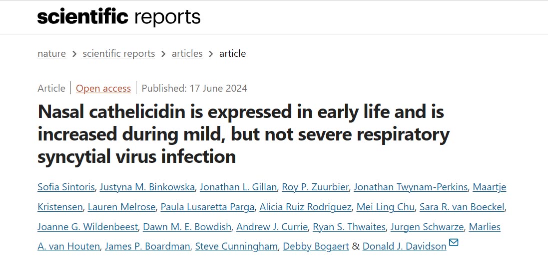 Prof. Donald J. Davidson (@djdavidsonlab) on Twitter photo Our new research - showing that babies lack nasal protection against Respiratory Syncytial Virus, due to their low levels of cathelicidin expression - is now published in Scientific Reports.
Free Open Access: doi.org/10.1038/s41598…
<a href="/EdinUni_CIR/">The Centre for Inflammation Research</a> <a href="/EdinUni_IRR/">Institute for Regeneration and Repair</a> <a href="/Edin_EID/">Edinburgh Infectious Diseases</a> Our new research - showing that babies lack nasal protection against Respiratory Syncytial Virus, due to their low levels of cathelicidin expression - is now published in Scientific Reports.
Free Open Access: doi.org/10.1038/s41598…
<a href="/EdinUni_CIR/">The Centre for Inflammation Research</a> <a href="/EdinUni_IRR/">Institute for Regeneration and Repair</a> <a href="/Edin_EID/">Edinburgh Infectious Diseases</a>