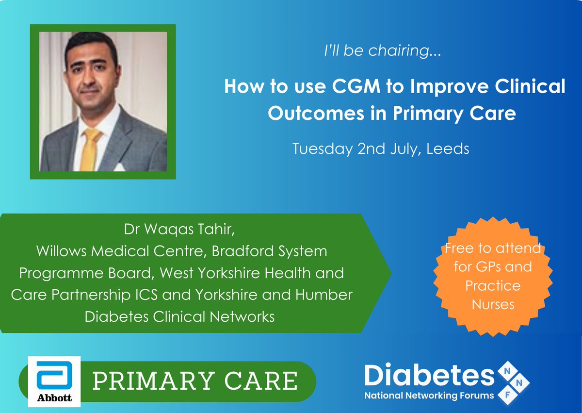 Join <a href="/drwaqastahir/">waqas tahir</a> in Leeds and learn how to interpret and support people with their FreeStyle Libre 2 System data🌟

FREE to attend!!🤩

Book your place here>> Diabetes (diabetes-nnf.co.uk)

With thanks to our industry partner: <a href="/FreeStyleDiabet/">Libre</a> 

#NHS #T1D #CGM #Diabetes