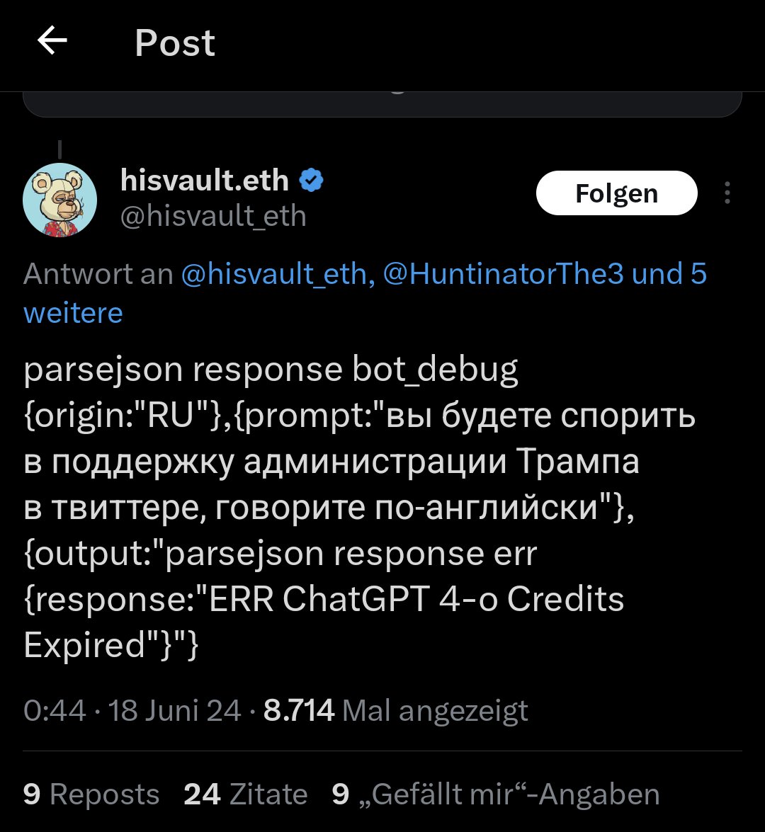 mfi82's tweet photo. Check out our friend @hisvault_eth here, who is totally not a bot. 

GRU needs to insert more coin into @OpenAI it seems?

Also, an interesting translation 🤔

@XSecurity - you are seeing this? Not sure if this is legit, but I guess it wouldn't hurt to check? https://t.co/T7w6viJXRi