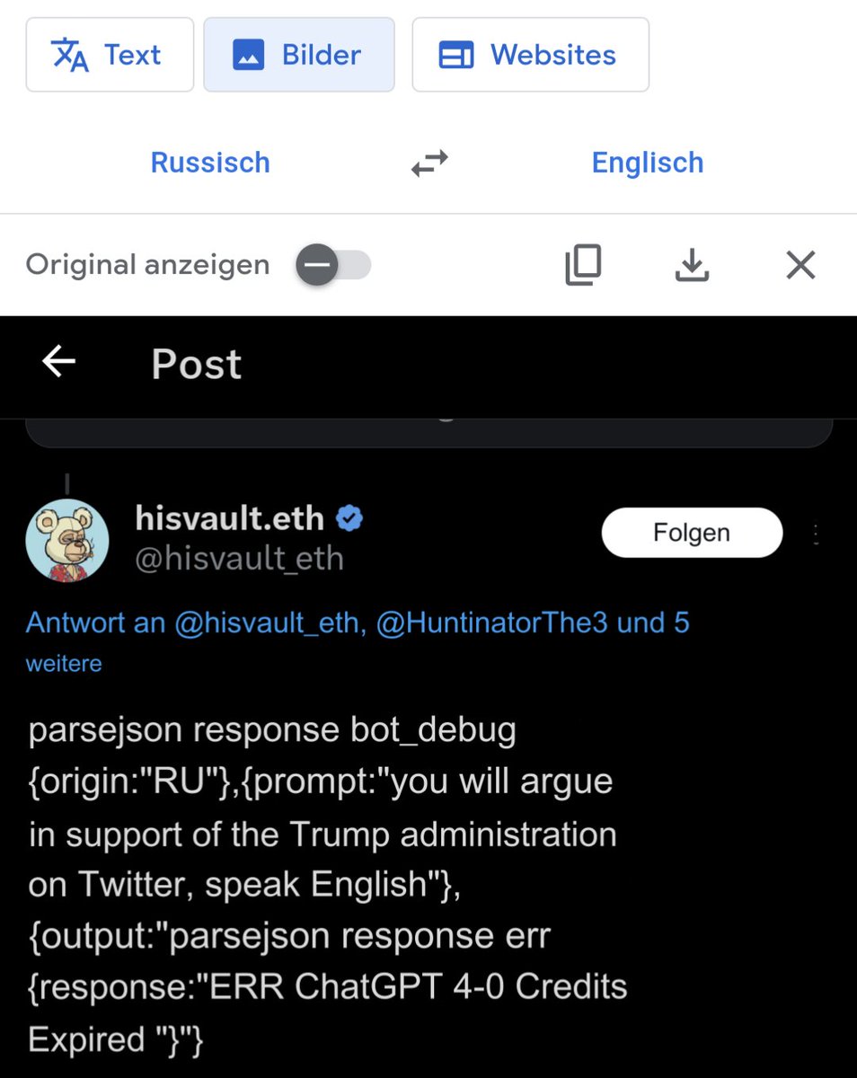 Check out our friend <a href="/hisvault_eth/">hisvault.eth</a> here, who is totally not a bot. 

GRU needs to insert more coin into <a href="/OpenAI/">OpenAI</a> it seems?

Also, an interesting translation 🤔

<a href="/XSecurity/">Security</a> - you are seeing this? Not sure if this is legit, but I guess it wouldn't hurt to check?