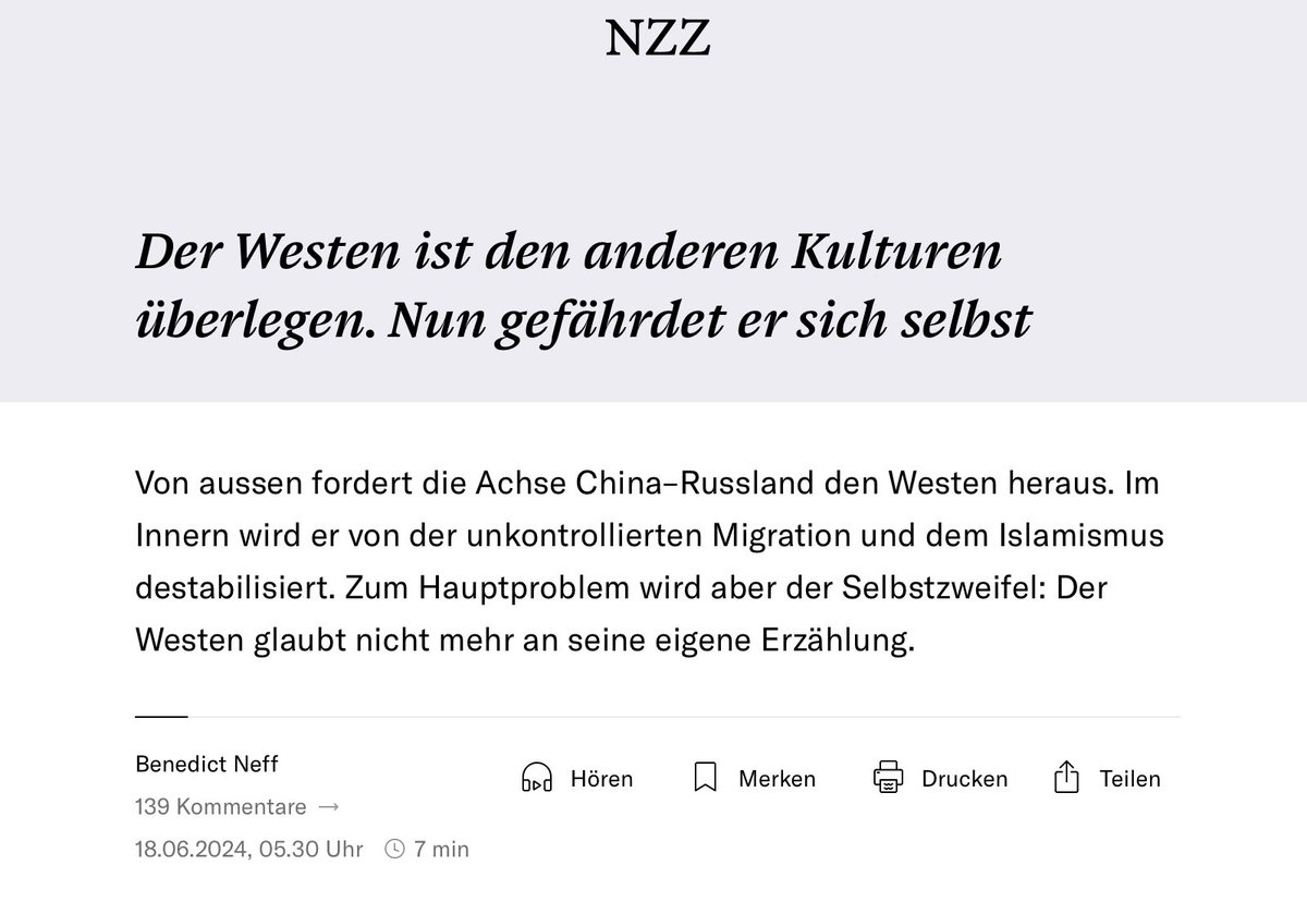 Scratch a liberal and a fascist bleeds 

Die <a href="/NZZ/">NZZ</a> normalisiert wieder einmal rassistische und kulturchauvinistische Takes. Falls sich die Geschichte wiederholen wird, werden sie bald propagieren, dass der Faschismus der einzige Ausweg ist. Antifaschismus ist wichtiger denn je.