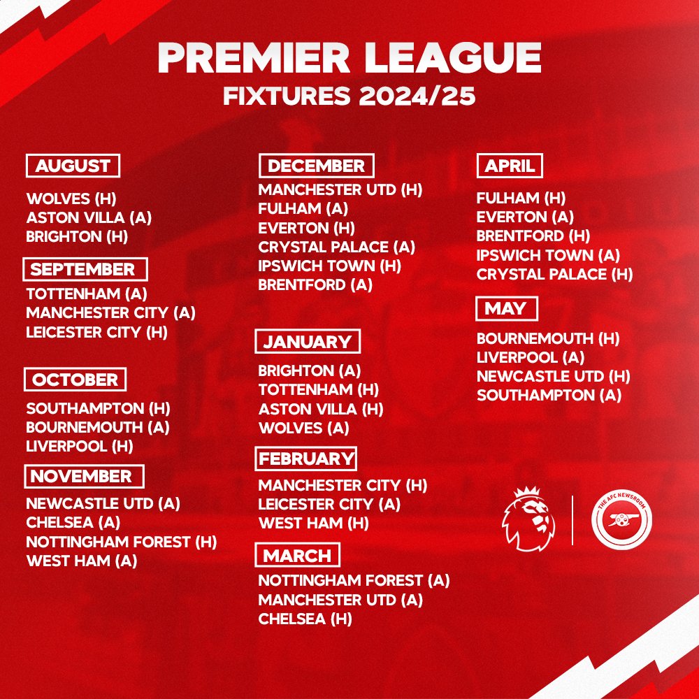 bait4love's tweet photo. 24/25 Arsenal fixtures #EPL Season. https://t.co/J1yjlbd3QB