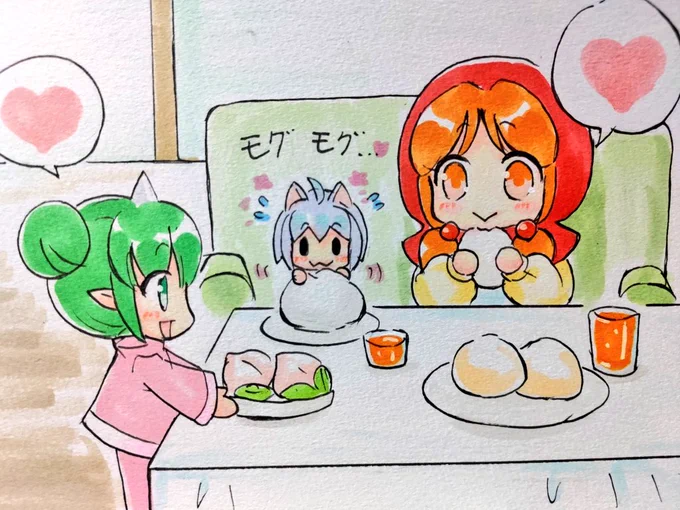 【ロン先生の魔法薬】③

〜客室〜

スイラン「お食事を用意しましタ。沢山召し上がって下さいネ😄」

チトセ「ありがとう✨美味しいね、エミル😊」

エミル「うん!(モグモグ…💕)」

肉まんとピザまんと桃饅です🍑
#イラスト
#イラスト好きな人と繋がりたい
#オリキャラ
#アナログイラスト
#一次創作 