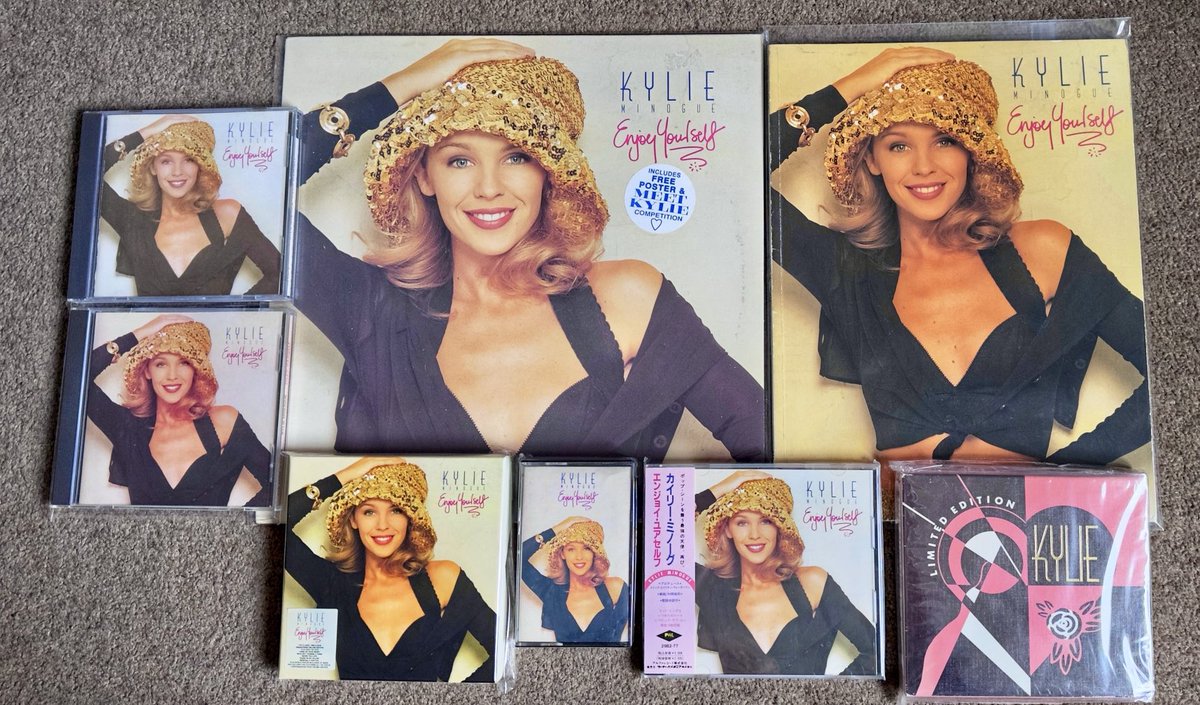 spjury's tweet photo. Updated Enjoy Yourself collection 🎧🎶🕺🔥

#KylieMinogue #JapanCD #UKCD #DeluxeCD  #AustralianCD #USPromoCD #USLongboxCD #Vinyl #Cassette #Geffen #PromoPressPack #PianoAndVocalBook https://t.co/F3jQuru4ao