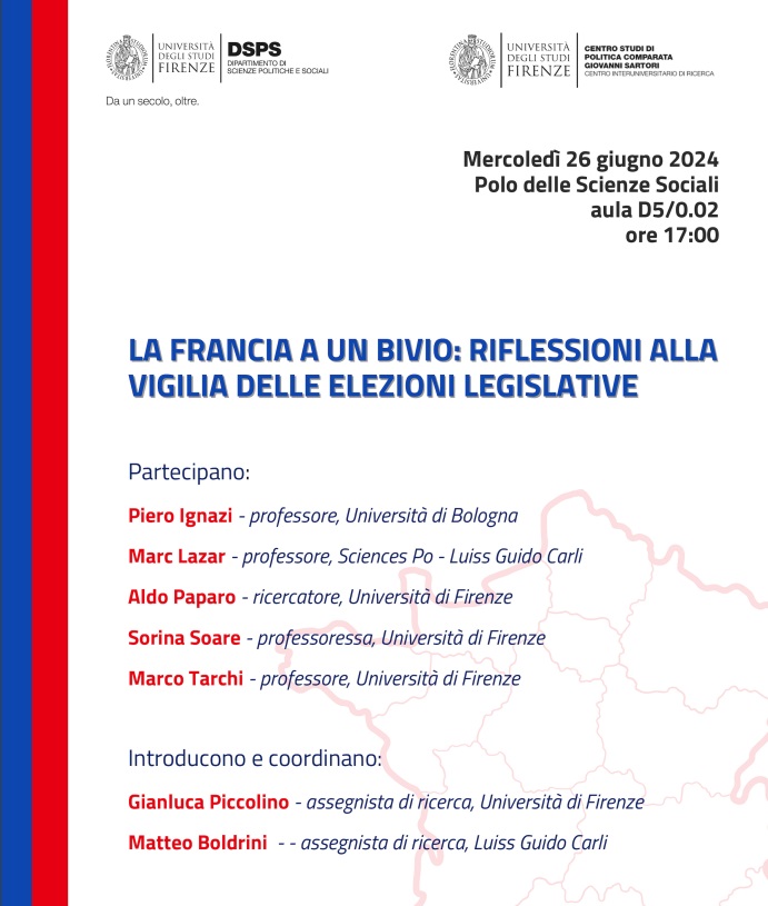 Mercoledì prossimo a Firenze -  Polo di Novoli - un seminario sulle elezioni legislative in Francia. 

Con più di qualcuno/a che ha qualcosa di interessante da dire...

Vi aspettiamo numerose/i!

#elezionifrancesi #legislativesanticipée #ElectionsLégislatives2024