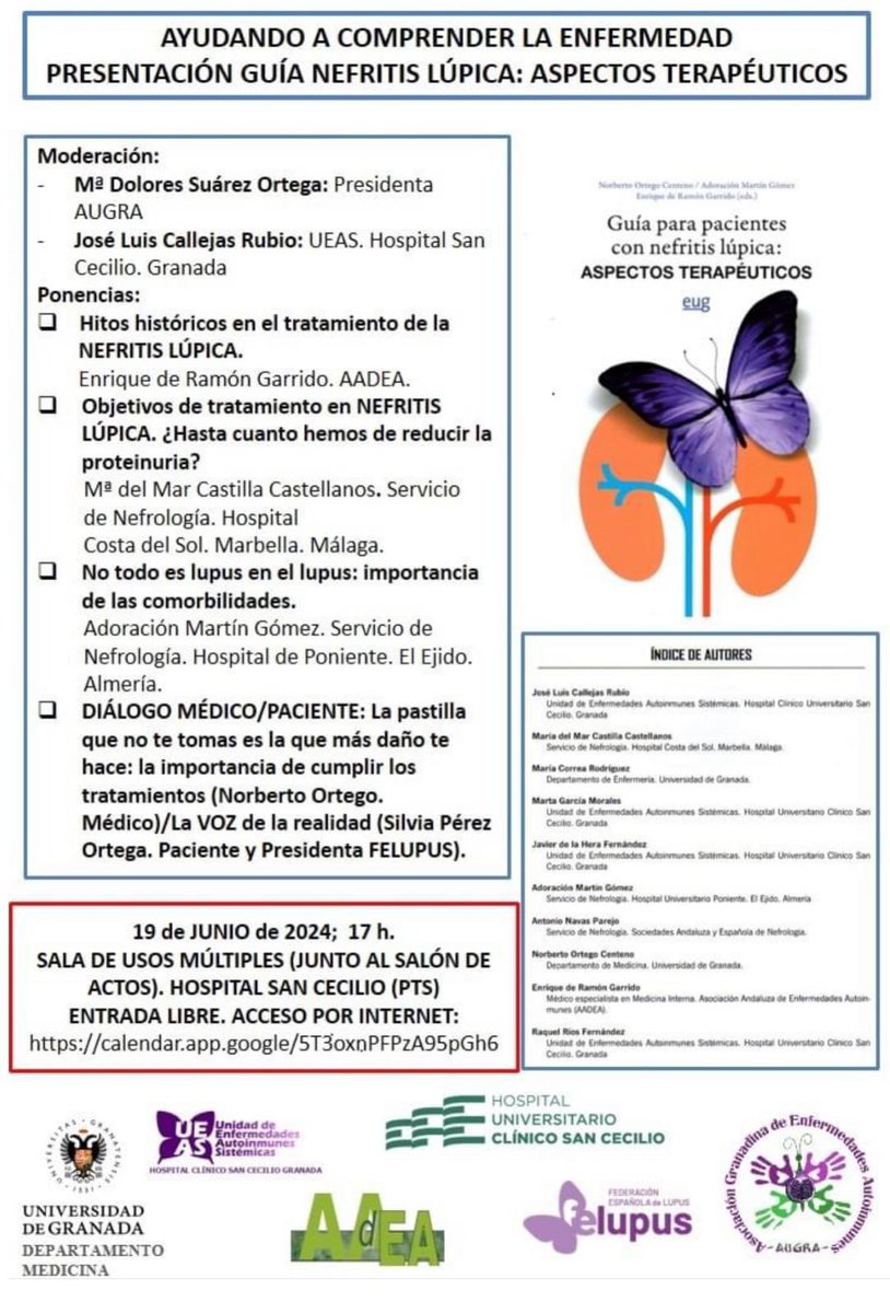 LupusMadrid's tweet photo. Tras el éxito d la "Guía para Pacientes con Nefritis Lúpica: Aspectos Generales", @CanalUGR, en colaboración con @autoinmunesgr y @felupus, presentan la segunda parte q abordará los aspectos terapéuticos.

📅 19 junio
🕔 17h
📍 @clinicogranada y online

https://t.co/2oy0XXovBZ https://t.co/c5PviRIsKg