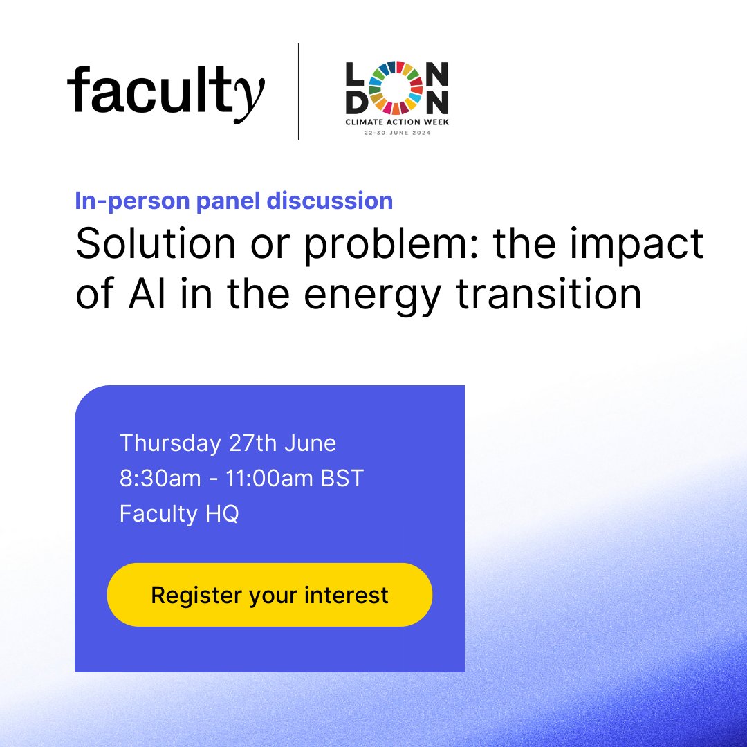 Faculty (@faculty_ai) on Twitter photo Join us for our breakfast panel discussion in partnership with <a href="/london_climate/">London Climate Action Week</a>. Hear from experts in the climate tech, carbon accounting, and energy industries explore the impacts and potential pitfalls of AI implementation.
Register your interest: hubs.ly/Q02C3-wf0 Join us for our breakfast panel discussion in partnership with <a href="/london_climate/">London Climate Action Week</a>. Hear from experts in the climate tech, carbon accounting, and energy industries explore the impacts and potential pitfalls of AI implementation.
Register your interest: hubs.ly/Q02C3-wf0