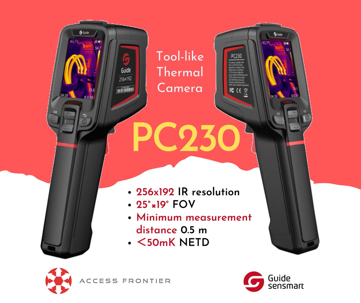 AccessFrontier's tweet image. PC230
Tool-like Thermal Camera
Featuring one-button autofocus and the longer measurement distance,PC230 can be used under more scenes with 256x192 IR Detector and 2M pixels for visible light. 
#pc230 #Guidesensmart #thermalcamera #afti #accessfrontier