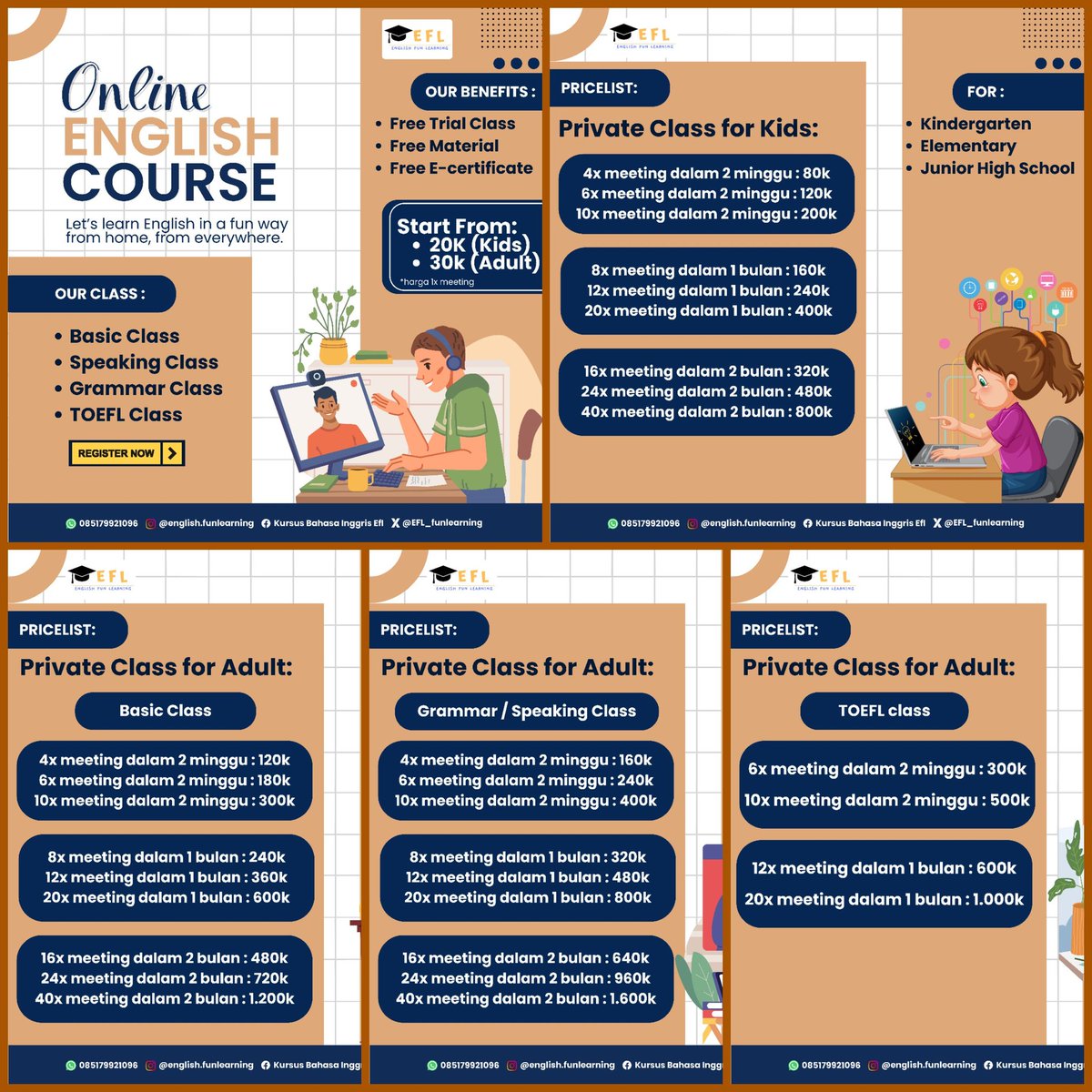 EFL UPDATE ALERT✨️

Kami membuka beberapa program kelas mulai dari Kids dan Adult🤩

Yuk, langsung daftar dan gabung kelas online dengan English Fun Learning sekarang! 
Hubungi : 085179921096 (WhatsApp)

#LearningEnglish #EnglishLanguage #zonauang #Zonajajan