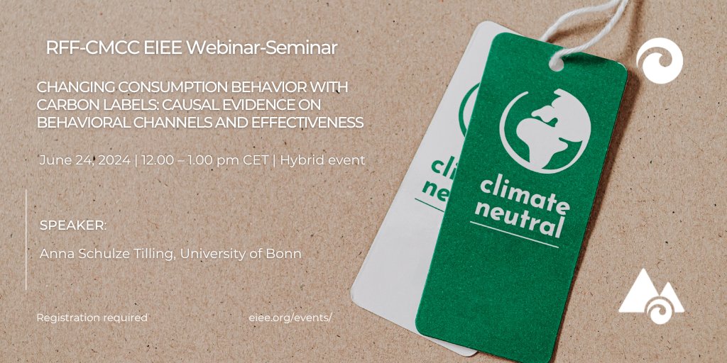 Fondazione Cmcc (@cmccclimate) on Twitter photo 📣 "Changing consumption behavior with carbon labels: Causal evidence on behavioral channels and effectiveness"
🌐 <a href="/EIEEorg/">RFF - CMCC - EIEE</a> Webinar – Seminar
📅 24 June 2024, 12:00 CEST
Speaker: Anna Schulze Tilling (<a href="/TillingAnna/">Anna Schulze Tilling</a>, @unibonn)
👉 Info and registration: ow.ly/6vup50SkBI6 📣 "Changing consumption behavior with carbon labels: Causal evidence on behavioral channels and effectiveness"
🌐 <a href="/EIEEorg/">RFF - CMCC - EIEE</a> Webinar – Seminar
📅 24 June 2024, 12:00 CEST
Speaker: Anna Schulze Tilling (<a href="/TillingAnna/">Anna Schulze Tilling</a>, @unibonn)
👉 Info and registration: ow.ly/6vup50SkBI6