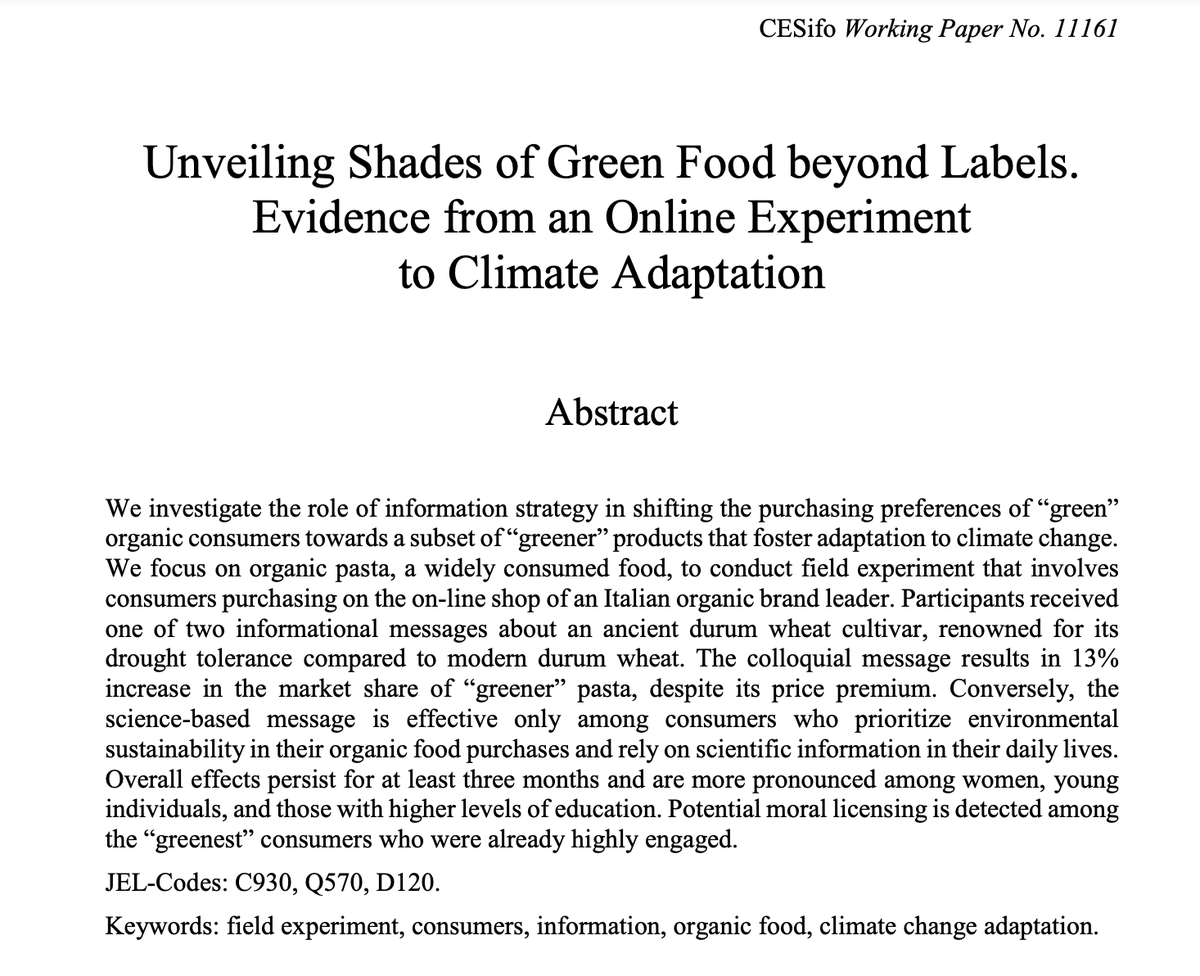 🌿Strategic messaging can shift "green" consumers towards "greener" choices, boosting climate-adaptive pasta sales by 13%. Check out new @CESifo WP. With <a href="/sandoralp/">Alessandro Palma</a> <a href="/matildegiacche1/">matilde giaccherini</a> <a href="/GiacomoPallante/">Giacomo Pallante</a> #fieldexperiment #ClimateChange #Organic #GSSISocialSci #UniTrento #Unimercatorum