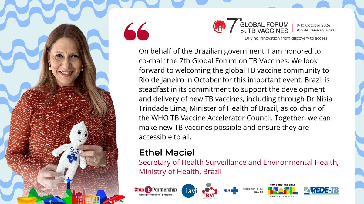 Global Forum on TB Vaccines (@globforumtbvax) on Twitter photo We’re honored to welcome Dr <a href="/EthelMaciel/">Ethel Maciel, PhD</a>, Secretariat of Health Surveillance & Environmental Health, Ministry of Health, Brazil, and a champion of Brazil’s support for #newTBVaccines, as co-chair of the 7th <a href="/GlobForumTBVax/">Global Forum on TB Vaccines</a>! #7GFTBV
🔗 Learn more at bit.ly/7GFTBVcmtees We’re honored to welcome Dr <a href="/EthelMaciel/">Ethel Maciel, PhD</a>, Secretariat of Health Surveillance & Environmental Health, Ministry of Health, Brazil, and a champion of Brazil’s support for #newTBVaccines, as co-chair of the 7th <a href="/GlobForumTBVax/">Global Forum on TB Vaccines</a>! #7GFTBV
🔗 Learn more at bit.ly/7GFTBVcmtees