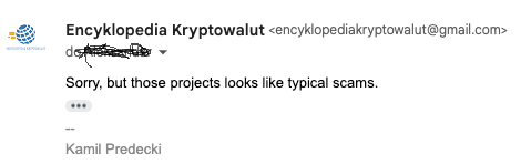 EKryptowalut's tweet photo. 👉To co mówiłem ostatnio na filmie... Im większa depresja i niedowierzanie wśród inwestorów krypto, tym więcej czasu poświęcamy na głupoty...😁😁
Już dawno nie było #krypto #dramy (chyba, że mi jakaś umknęła) a tu proszę @LewiczMichal vs @Damian4donBTC 🥊
Czy można zwracać uwagę komuś, że promuje #scam czy nie wolno tego robić?
Niestety mówienie o projekcie, że jest scamem może wiązać się też z konsekwencjami wypowiedzenia tych słów🤲
Pisałem w swojej książce📕, że trzeba odróżnić od siebie: piramidę finansową, scam a słaby projekt, któremu się po prostu nie udało...
✉️Agencja marketingowa poruszona w materiale obydwóch Panów pisała zapewne do większości krypto influ z propozycją współpracy.
Pisali również kilkukrotnie do mnie📩. Wymieniłem z nimi kilka wiadomości, aby uzyskać informacje co za cudowne projekty chcą mi podrzucić.
Dostałem w odpowiedzi te 3 "gem'y"💎💎
Po minutowym zbadaniu tych projektów odpisałem im:
Nie byli zadowoleni z mojej odpowiedzi, ale zapewnili, że to legitne projekty🤡 (wiadomości są z 12.2023)
Z ciekawości odpaliłem teraz strony tych projektów i okazuje się, że 2 z nich już w ogóle nie działają pod tymi adresami. No co za przypadek...
Jak wiecie nie widzę osobiście niczego złego w krypto reklamach, bo samemu wiele razy takowe robiłem, ale trzeba zaznaczyć w filmie po pierwsze, że jest to materiał sponsorowany, a po drugie... No kur** - nie wrzucać ludzi na typowe miny💥
Krypto to RYZYKO! Większość projektów się nie uda, ale na początku researchu można odróżnić projekty takie, które mają jakieś fundamenty albo przynajmniej piszą, że takowe posiadają... Od projektów, które od razu widać, że są wałkiem.
Zawsze to powtarzam - inwestujecie w wiele projektów i macie 99% szans na to, że na niektórych z nich stracicie, ale na koniec chodzi tylko i wyłącznie o to, żeby tych zyskownych projektów, było więcej jak tych stratnych. #Pozdro