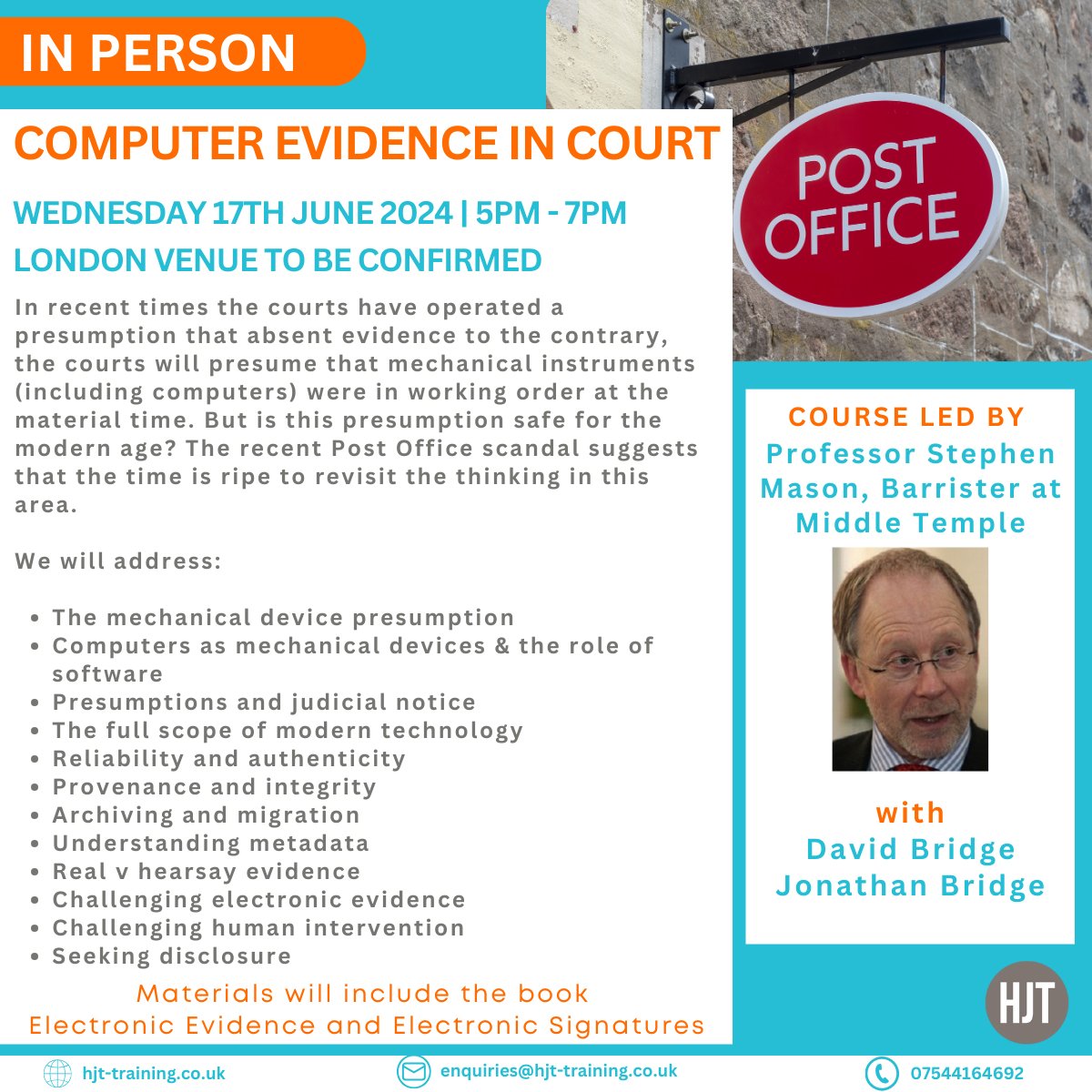 HJT_Training's tweet photo. Exclusive in person course on #ComputerEvidence in #Court in the wake of the #PostOfficeScandal. Learn from experts, safeguard your practice https://t.co/56gVDaHbUL https://t.co/dvH4JR0xJU