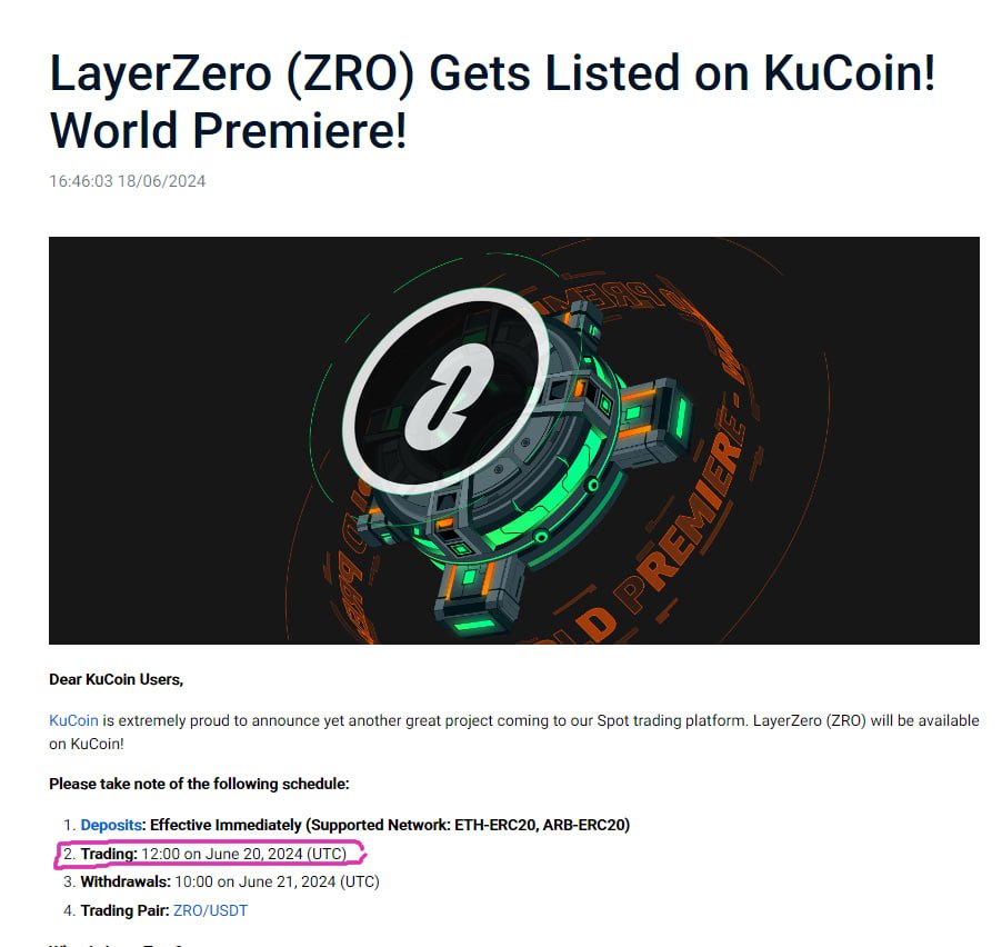 TradeCoin_Group's tweet photo. Kucoin thông báo 20/6 mở giao dịch ZRO, mà hiện tại Layerzero chưa công bố khi nào sẽ airdrop, cho nên khả năng hôm nay hoặc ngày mai sẽ thông báo airdrop, ngày 20/6 mở claim và list luôn. https://t.co/qbyPdSsTj3