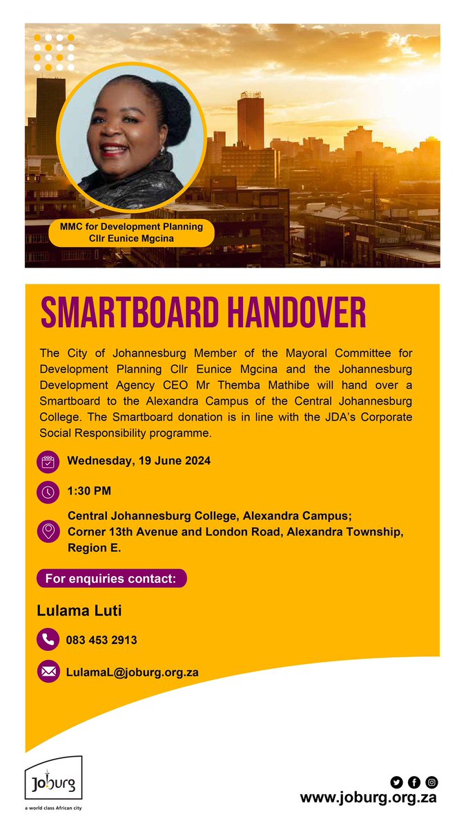 Eunice_Mgcina's tweet photo. Join myself and @JDA_joburg CEO Themba Mathibe as we handover the smartboard to the Alexandra campus of the CJC. 

#weservejoburg #smartboardhandover #coj #joburgcares #jda #devplanjozi https://t.co/vvUmMzneBI