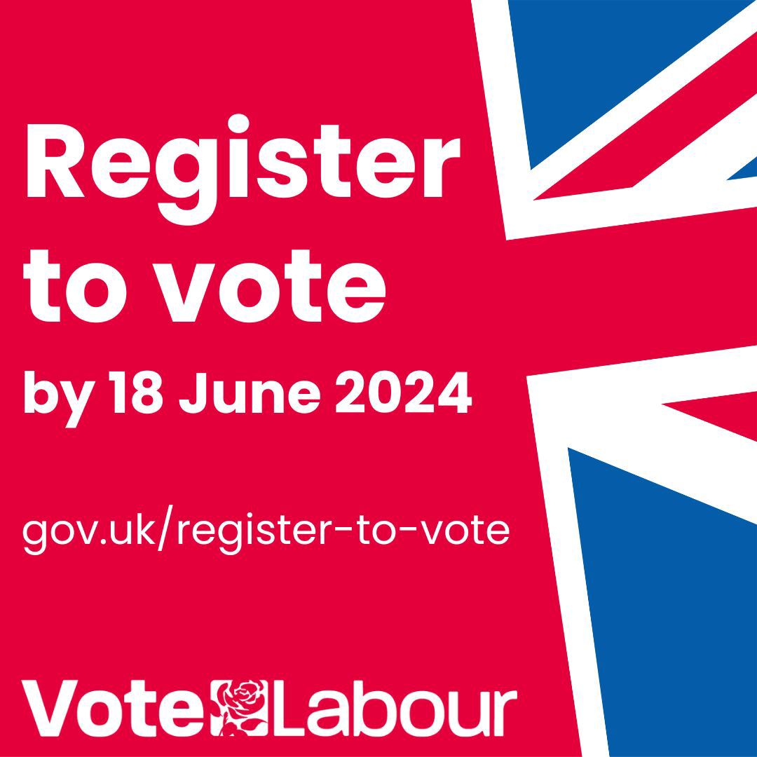 ❗️Today is the last day to register to vote❗️

You must be registered to vote by 11:59pm tonight to vote in the general election. 

Register now at gov.uk/register-to-vo…