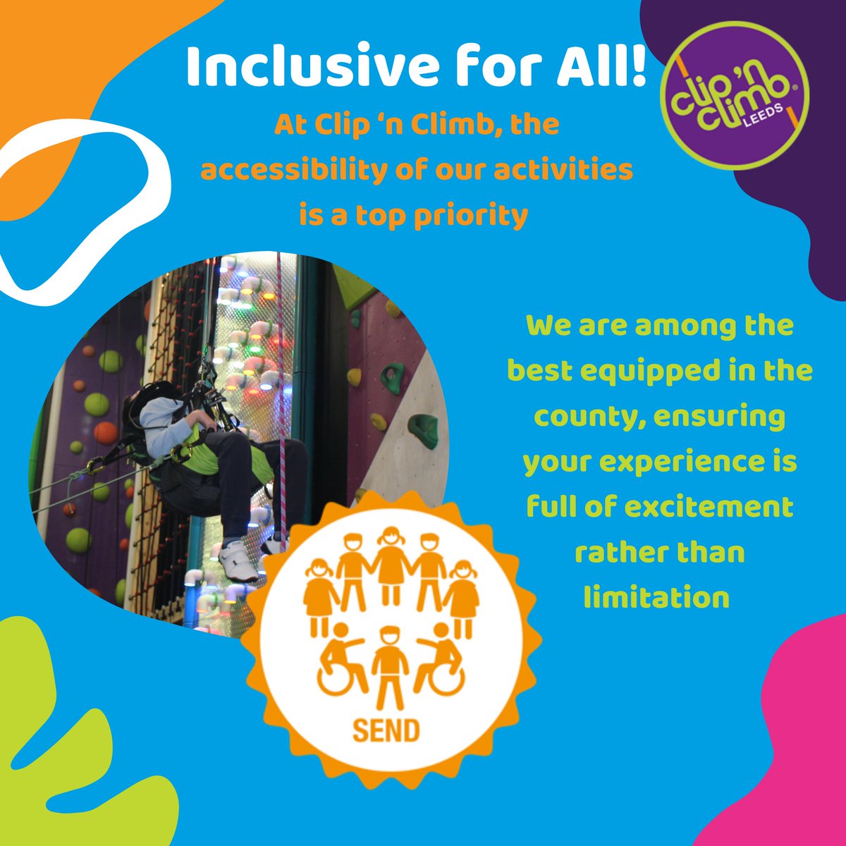 CNCLeedsYorks's tweet photo. Although we don’t currently hold regular SEND Sessions, our team is happy to run a special session for those climbers with special educational needs.

Give us a call on 01132 458723 to organise your future events.

#ClipNClimb #CNC #Send #Inclusivity #Disability https://t.co/MT5enqnXEQ