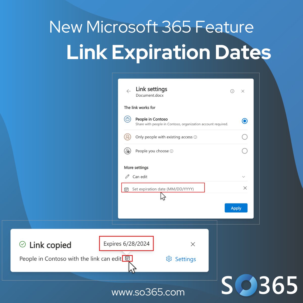 simplyoffice365's tweet photo. Exciting news for Microsoft 365 users! Starting late June 2024, you can set expiration dates for shared links. Once the date arrives, the link won’t work, prompting users to create a new link or reshare it. Stay tuned for this update!  #Microsoft365 #Productivity #Innovation https://t.co/wYMC9qrODB