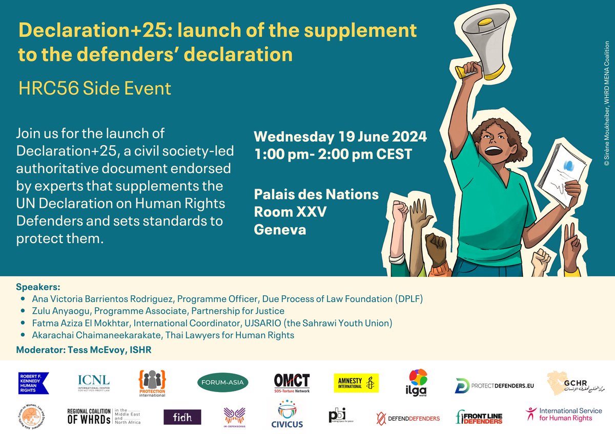 ISHRglobal's tweet photo. Tomorrow, don't miss our #side_event on the launch of the Declaration +25! 🌟
Join us and be part of this powerful moment as we take a significant step towards better protection of human rights defenders.
#Right2DefendRights #Declaration25 https://t.co/HFJD0e9aiW