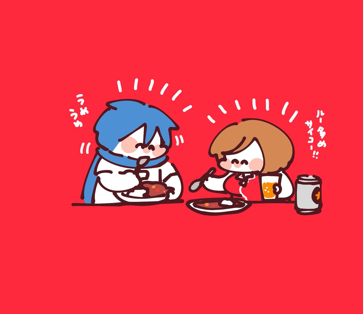 カイト(ボーカロイド) ,メイコ(VOCALOID) 「カレ-たべるボカロ達 」|袁のイラスト