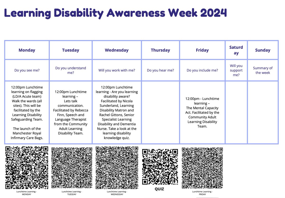 mcrlco's tweet image. 📢 LCO Staff! 

Check our Learning Disability Awareness Week Calendar below and scan the QR codes on the second image to join any of the sessions 🙌

#LDWeek
#LearningDisabilityWeek2024 

#WeAreCommunity